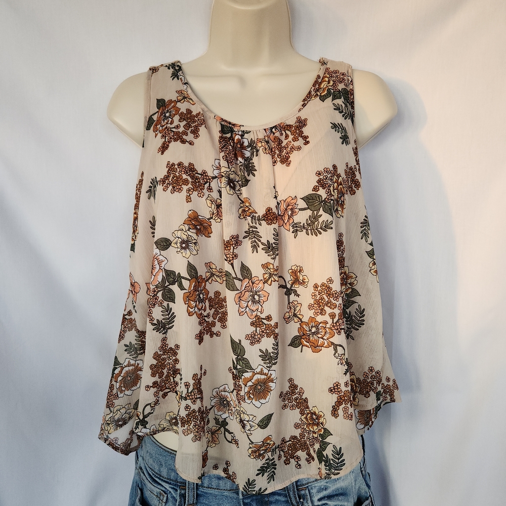 Ambiance Floral Flowy Draped Tank Top - Cream and Brown Open Slit Back M Western